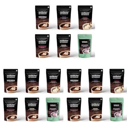 Image of COCOSUTRA Hot Chocolate Mix Combo | Swiss Vanilla, Mexican Spiced, Mocha, Caramel, Peppermint & Hazelnut Flavoured | Pack of 18 (Each 100 g) 600 g | Drinking Chocolate Powder | Enjoy hot or cold
