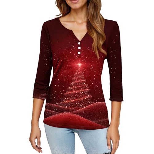 Image of Women Christmas Shirt 3 /4 Length Sleeve Henley Tops Xmas Outfits
