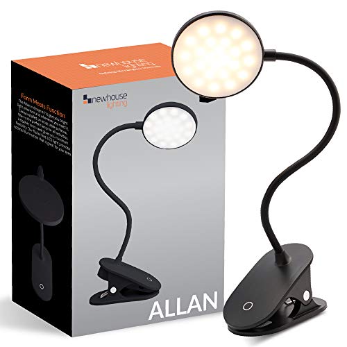 Newhouse Lighting NHCLP-USBC-BK Black Plastic Flexible and Dimmable Clip Light Clamp-Style Energy-Efficient LED Lamp with USB-C Charging Port for Office or Bedroom Use