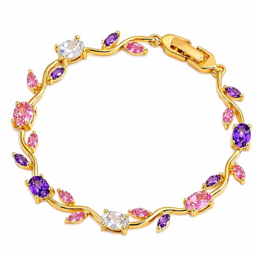 Image of BinsAura Gold Plated Crystal Bracelet for Women | Pink Purple White AAA Cubic Zirconia Tennis Bracelet | Adjustable Luxury Fashion Bracelet for Girls | Birthday Anniversary Valentine Gift Jewellery