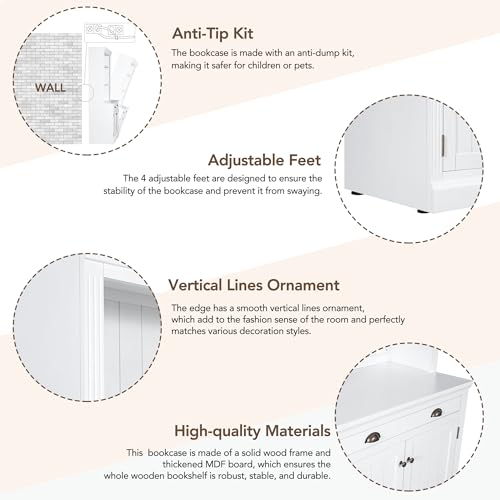 Image of 83.4 inch Tall Bookshelf with 3 Pieces LED Lighting, Modern Bookcase with 2 Doors and 1 Drawer,Storage Bookcase with Open Shelves for Living Room,Home Office,White