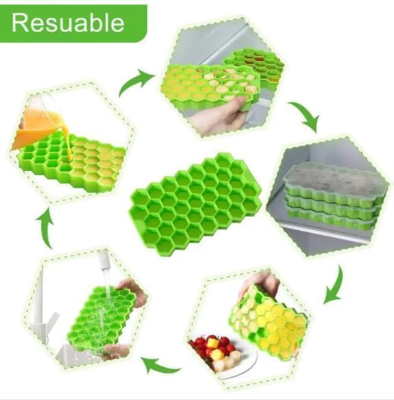 Image of KEMETHY Flexible Silicone Honeycomb 37 Cavity Ice Cube Tray with Lid for Freezer Moulds Small Cubes Whiskey Fridge Bar Soft Ice Cube Tray -Color May Vary-Pack of 2 (37 Cavity) (Green)