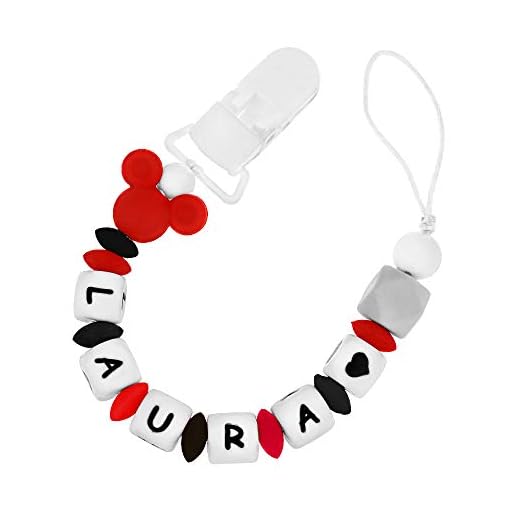 RUBY - Chupetero personalizado con nombre, pinza de plástico con cordón, silicona antibacteriana (Blanco)