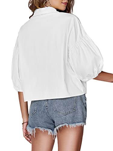 LYANER Women's Collar V Neck Button Down Lantern Short Sleeve Blouse Crop Top Shirt2