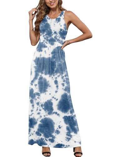 Image of EUOVMY Women's Sleeveless Dress Casual Plain Loose Summer Long Maxi Dresses with Pockets