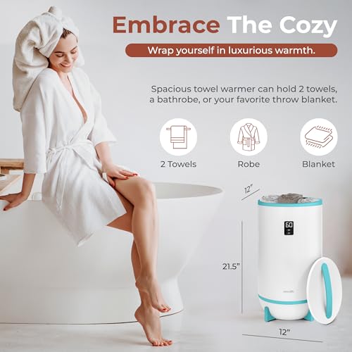 Image of SereneLife Towel & Blanket Warmer, One Touch Portable Bath Towel Warmer with Fragrant Disc Holder, Timer (15, 30, 45, or 60 minutes) and LED Display, Auto Shut Off, Ideal for Bathroom & Spa Use, Blue