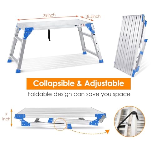 ORIENGEAR Adjustable Work Platform Support 330 lbs Height 24 to 35 inches Portable Aluminum Step Stool Folding Ladder Non Slip for Household Office Cleaning & Washing, Blue - Thumbnail 2