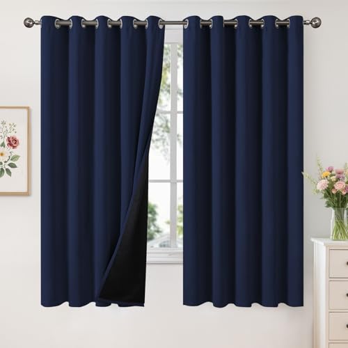 Image of YoungsTex 100% Blackout Curtains for Bedroom 63 Inches Long, Navy Blue Full Room Darkening Drapes Thermal Insulated for Living Room, 2 Panels, 60 X 63 Inch