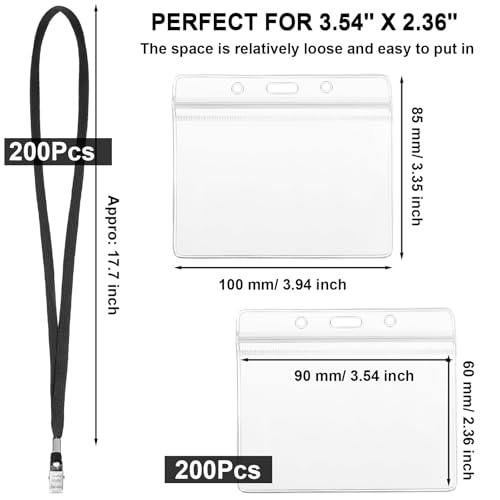 Image of Marspark 200 Sets 4 inchx3 inch Name Badge Holder with Lanyard Bulk, Black