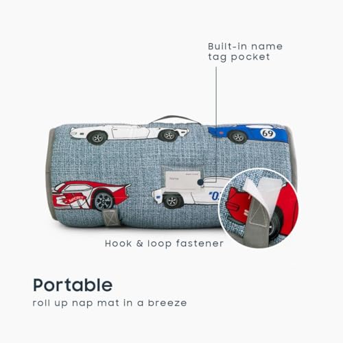 wake in cloud - toddler nap mat with pillow and blanket for kids boys in kindergarten daycare preschool pre k roll up sleeping bag cars vehicles trains airplanes grey standard