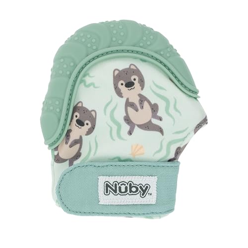 Image of Nuby Happy Hands Silicone Teething Mitten for Babies - Soft Silicone Massaging Teether - Soothes Sore Gums - Easy-to-Wear and Machine Washable - 3+ Months - Otter