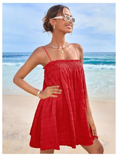 Image of MakeMeChic Women's Babydoll Dress Sleeveless Swing Shirred Mini Dresses | Beach, Summer, Sundress, Ruffle, Casual Dress, Flowy Dress