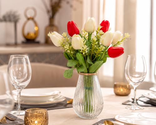 Image of Divyakosh Artificial Flowers Bunch (Vase Not Included). Artificial Flower for Vase Flower Bouquet Gift Red & White Tulip Artificial Flower Bouquet for Living Room, Dining Table, Floral Arrangement