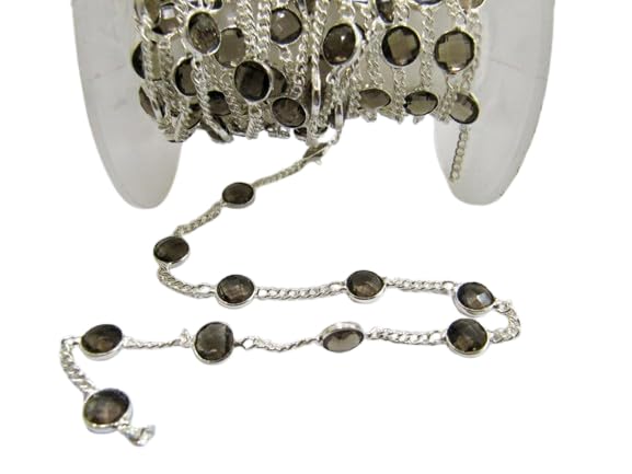 Natural Smoky Quartz Connector Chain, Genuine Smoky Quartz Briolette Coin Shape 7mm,Connectors linked with Curb chain Sold Per Foot-image-33