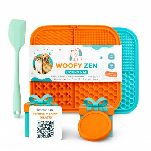 WOOF&MIAU® Pack de 2 Alfombrillas de lamer para Perros y Gatos + espátula + Tapa de Silicona + QR con Recetas y Consejos | Alimentación Lenta | Ayuda a controlar el estrés y favorece la digestión