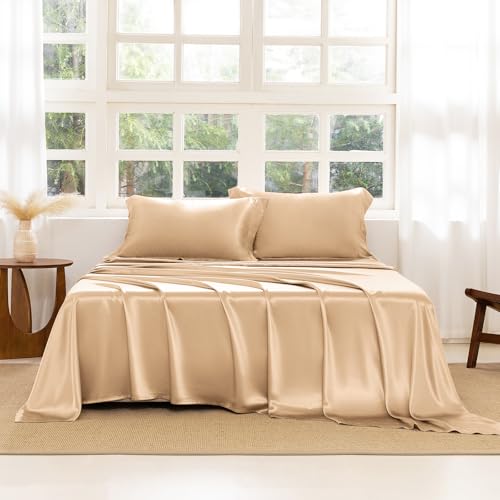 THXSILK Juego de sábanas de seda de 4 piezas, juego de sábanas tamaño Queen, 22 momme 7A+, sábanas suaves y transpirables con 1 sábana encimera, 1 sábana bajera, 2 fundas de almohada, color champán