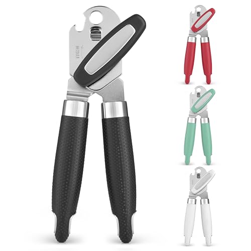 Zulay Kitchen Can Opener with Large Bottle Opener - Heavy Duty Stainless Steel Manual Can Opener with Turn Knob and Soft Grip Handles - Black
