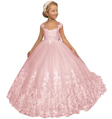 BANTRATIC Tulle Flower Girl Dresses Lace Applique Princess Ball Gown for Wedding Backless Long Girls Pageant Dress