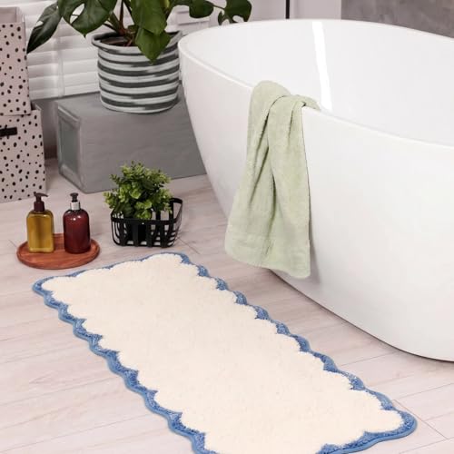 FEEGOO Light Blue Scalloped Long Bathroom Rug Runner Bath Mat