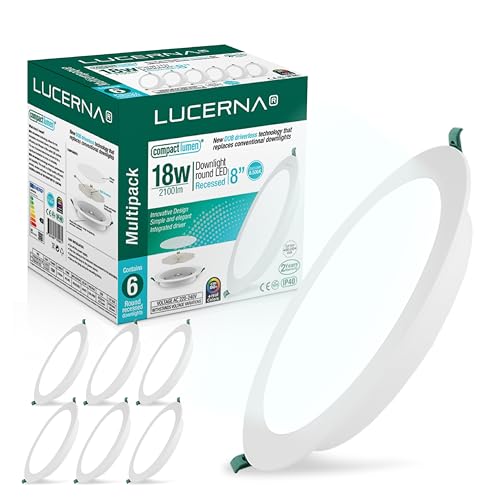 LUCERNA Downlight LED Empotrable 18W - Foco Interior Redondo Blanco Frío 6500K - 2100 LM - Plafón Techo Cocina Ф190-200mm - Pack de 6 Focos Encastrables