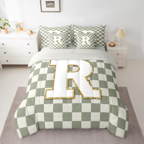 Image of Erosebridal Sage Green Checkered Queen Bedding Set 7 Piece Plaid Initial R Bed in A Bag with Sheets Personalized Monogram Comforter Set for Kids Adults,Fashion Grids Gingham Bed Sets