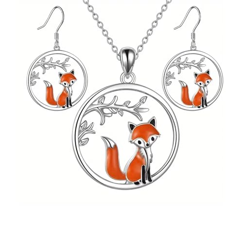 Fox Pendant Necklace and Earrings Set, Silver Tone with Orange