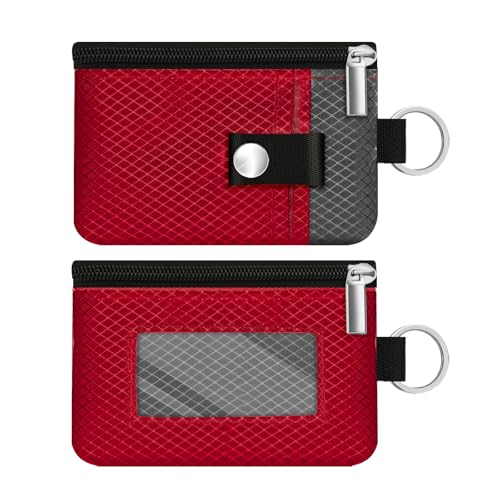 Image of Minimalist RFID Blocking Small Wallet with ID Window,WaterResistant Zip Id Case Wallet with Lanyard Keychain for Cards,Cash,Travel,Women,Men (Red /Dark Grey)