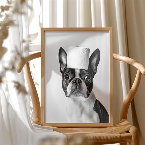 Image of Boston Terrier Funny Bathroom Wood Framed Wall Art Print Poster, Dog Pet Lover Picture Painting Artwork Bedroom Living Room Office Dining Room 150D (Boston Terrier Funny Bathroom, 14 inchL x 11 inchW, Wood Frame)