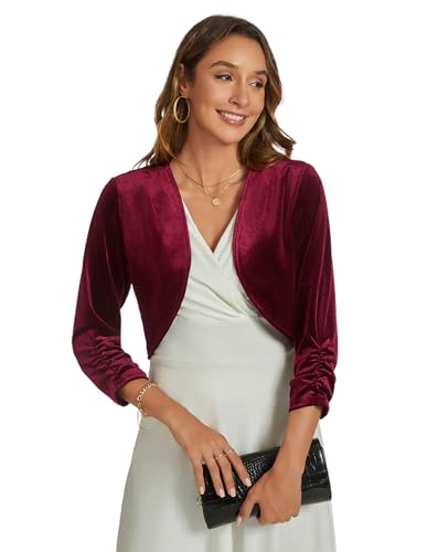 Image of Womens Velvet Bolero Shrug Elegant Open Front Ruched 3 /4 Sleeve Cocktail Party Cropped Cardigan