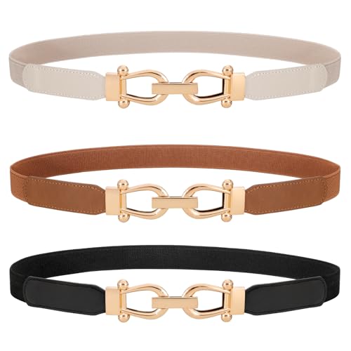 WERFORU 3 Pack Women Ladies Skinny Elastic Waist Belt Gold Buckle Stretchy Thin Belt for Dress Jeans,Black+Brown+Beige