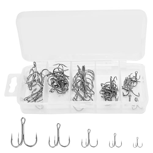 Fishing Hooks Treble Hooks Kit, 50pcs(Size#2#4#6#8#10) with Split Rings,High Carbon Steel Strong Sharp Round Bend for Catfish Trout Hard Baits Lures,Saltwater Freshwater (Black)