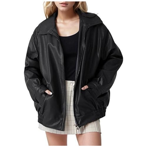 Abrigo de cuero liso para mujer en invierno, Negro , XL