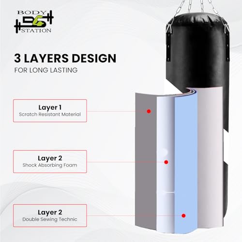 Image of Heavy-Duty 3-Layer of PU Leather Punching Bag Durable Design with Attached Free Hanging & Detachable 4 S-Hook Connectors for Workout MMA Boxing Home Gym Training Equipment Black
