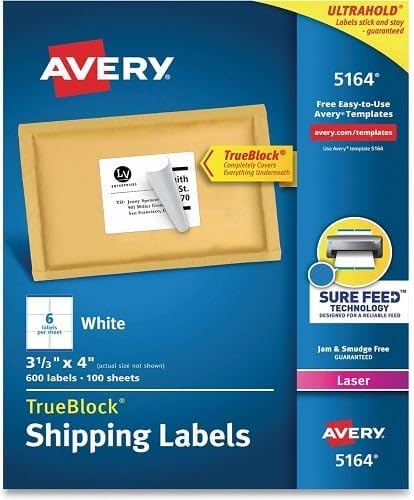 Avery 5164 TrueBlock Shipping Labels, Laser Print, 3-1/3 x 4, White, 600/Box