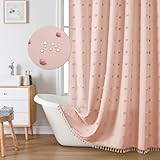 LilyCat Boho Farmhouse Pink Blush Fabric Shower Curtain, 72x72 Tufted Pleat Floral Puffs Textured Tassel Cute Rustic Vintage Shower Curtain for Bathroom, Minimalist Cloth Shower Curtain Set with Hooks