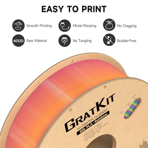 Image of Gratkit Silk Rainbow PLA Filament 1.75mm, Color Change 3D Printer Filament, + /-0.03mm, Multicolor 3D Printing Filament Rainbow Candy