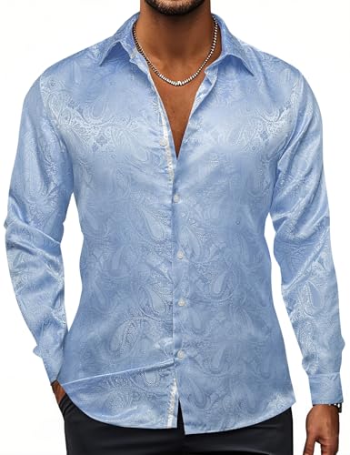 Hi-Tie Light Blue Silk Paisley Mens Dress Shirts Long Sleeve Button Down Regular Fit Shirts Formal Wedding Party Business