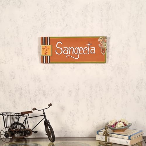 Image of Aakriti Art Creations Orange Madhubani Handcrafted Folk Art MDF and Wood Nameplate for Entrance | Personalised Door Sign | Customised Name Plate for House, Apartment and Gifting