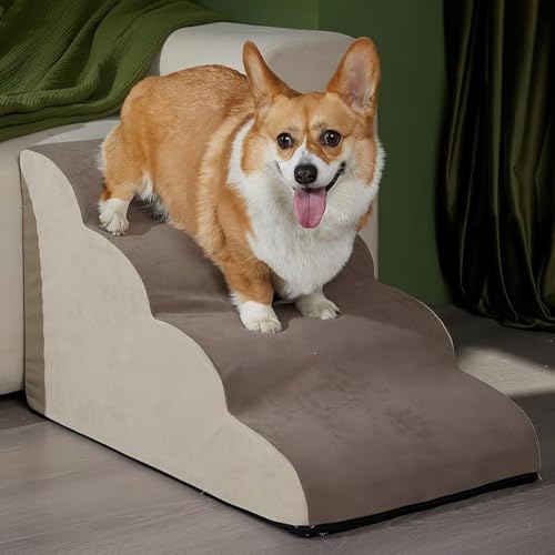 GEBYUI 室内ペット用多段階犬用階段 2 段・3 段・4 段から選択可能 ベージュカラーで室内に調和 取り外し可能な洗浄式カバー付き 滑り止めステップでティーコン・コーギー等小型犬や猫向け ソファ・ベッド用ペット踏板