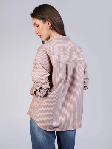 Image of Urbano Fashion Women's Cotton Full Sleeve Oversized Fit Casual Striped Shirt with Spread Collar