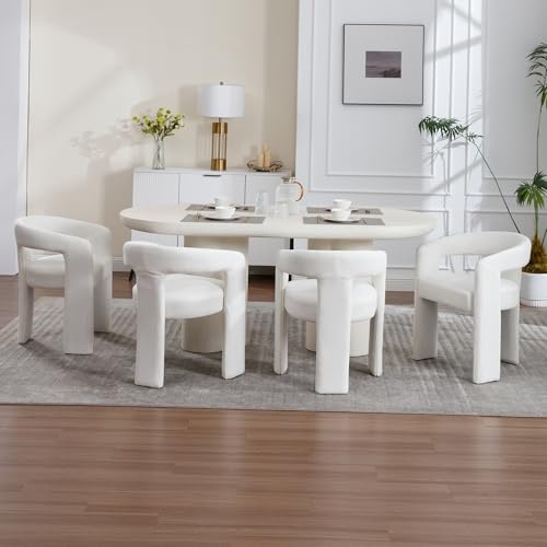 Tmsan Beige Modern Boucle Barrel Dining Chairs Set of 4, Sherpa Upholstered Living Room Accent Chairs, Comfy Side Chair with Arms for Kitchen Reception Dining Room