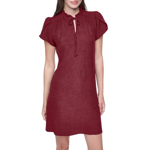 Image of DKNY Women's Front Tie Ruffle Neckline Trapeze Dress