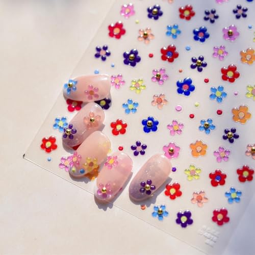 Image of 5D Embossed Flower Nail Stickers Colorful Nail Art Stickers Small Gold Ball Nail Decals Self Adhesive Nails Design Manicure Supplies Charm for Women Nail Art Decorations Accessories