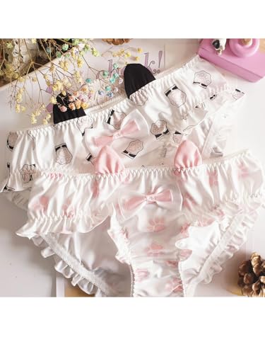 Cute Panties Underwear Anime Bow Japanese Schoolgirl Cat Ears Cat's Paw Wind Kawaii Shorts Ruffles Soft Silk Cartoon（2 packs）2