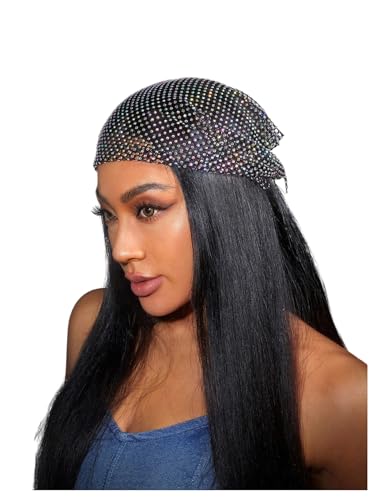 OYOANGLE Women's Rhinestone Mesh Head Scarf Sparkly Glitter Triangle Headband Party Rave Head Wraps Accessories Black One-Size