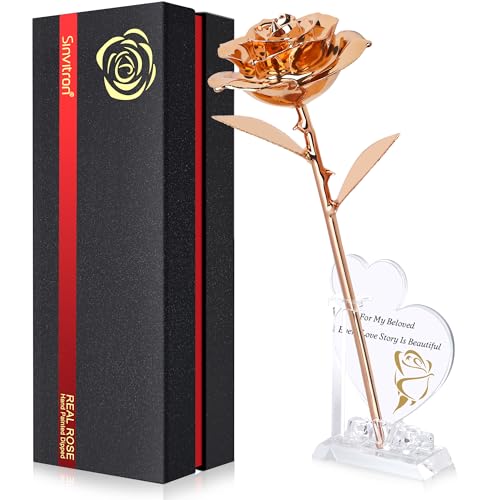 Image of Sinvitron Gold Dipped Rose Real 24K Gold Rose, Hand Dipped One of a Kind Golden Roses, Romantic Gifts for Women on Valentines Day, Anniversary Mother's Day (Rose Gold)