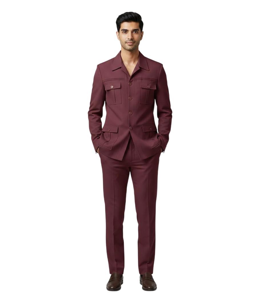 Men Four Pockets Safari Formal Suit | Regular Fit Polyester Blend Structured Button Closure Blazer and Trousers Co-Ord Set for Professional Work Wear-picture-20