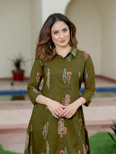 Image of Arayna Women's Pure Cotton Printed A-Line Kurta Set with Pants | Button-Down Collar Kurta