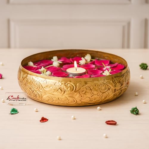 Image of eCraftIndia Golden Metal Decorative Urli Bowl for Home Decoration Office Tv Unit Kitchen Showpiece for Good Luck | Urli for Floating Candles Flowers for Pooja Room Entryway Living Room Diwali Gift