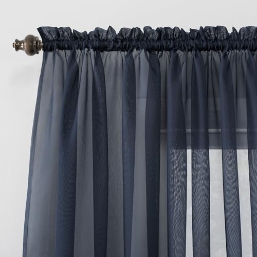 Image of No. 918 Emily Sheer Voile Rod Pocket Curtain Panel, 59 inch x 63 inch, Navy Blue